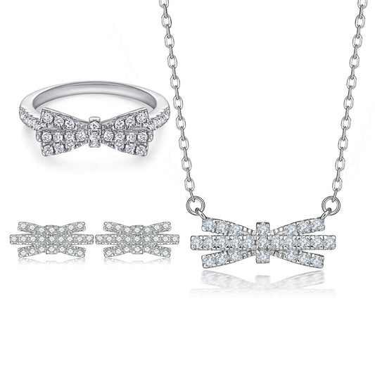 European and American Jewelry Set Ring Stud Earrings Necklace for Women Bowknot S925 Sterling Silver Jewelry Set 3set