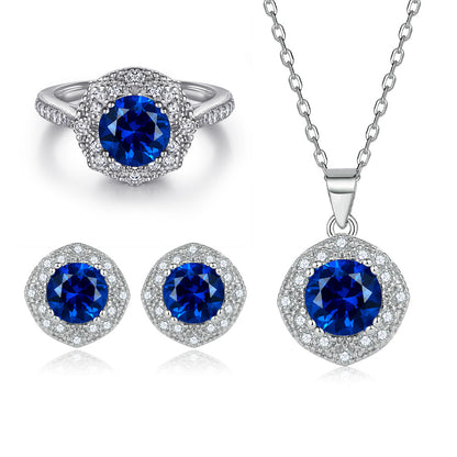 S925 Sterling Silver Jewelry Set European and American Style Ring Earrings Necklace Women's Blue Sapphire Round Zircon Jewelry Set