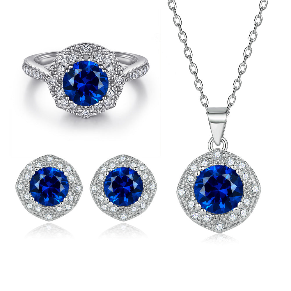 S925 Sterling Silver Jewelry Set European and American Style Ring Earrings Necklace Women's Blue Sapphire Round Zircon Jewelry Set