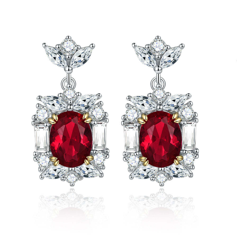 S925 Pure Silver Fashion Jewelry Set, Ring, Stud Earrings, Necklace Three-Piece Set, Oval Ruby Jewelry Set