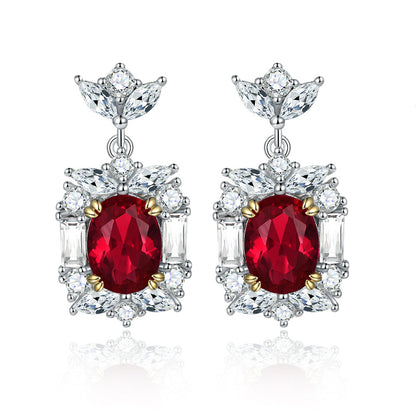 S925 Pure Silver Fashion Jewelry Set, Ring, Stud Earrings, Necklace Three-Piece Set, Oval Ruby Jewelry Set