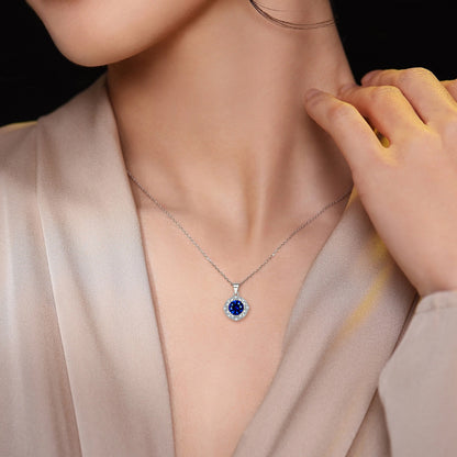 S925 Sterling Silver Jewelry Set European and American Style Ring Earrings Necklace Women's Blue Sapphire Round Zircon Jewelry Set