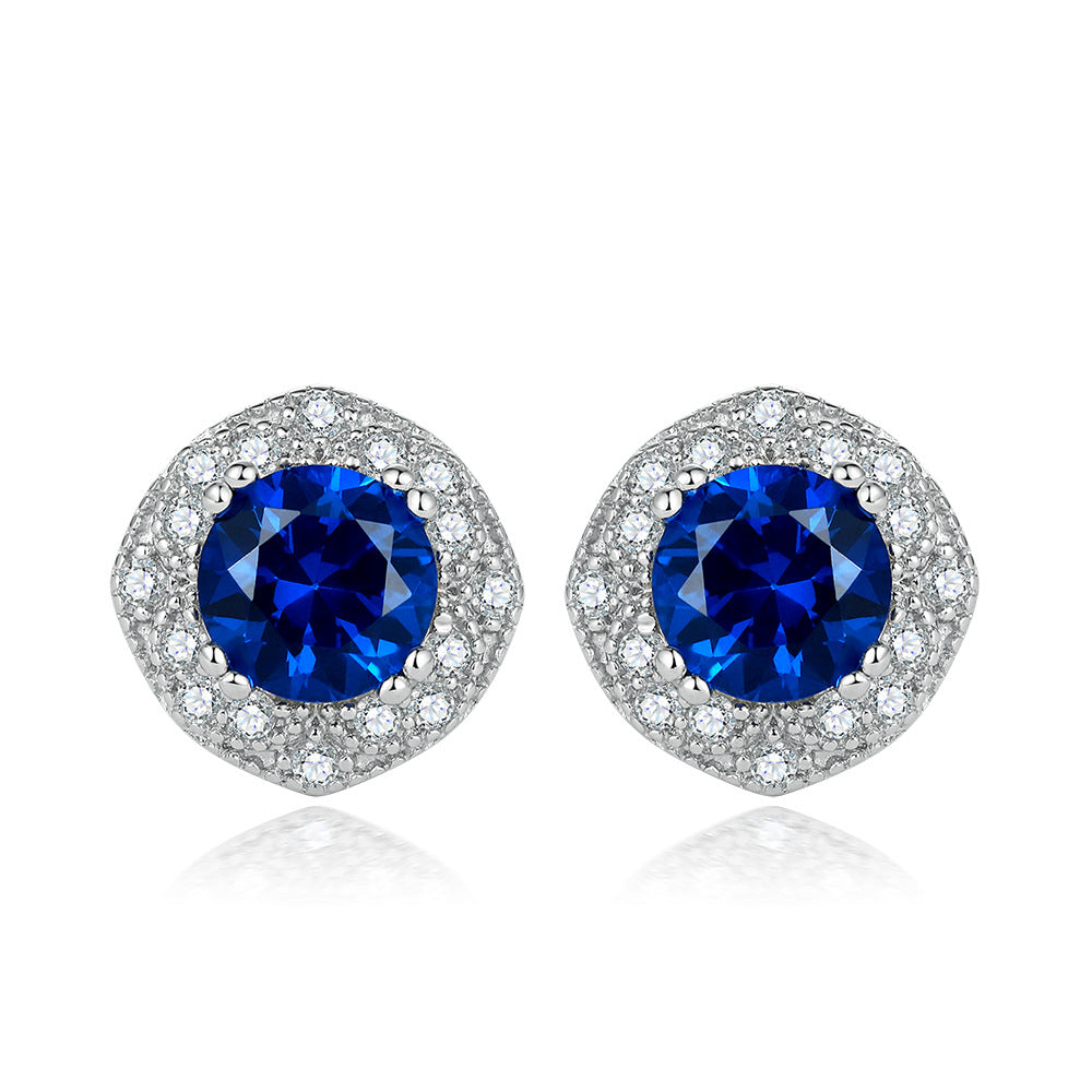 S925 Sterling Silver Jewelry Set European and American Style Ring Earrings Necklace Women's Blue Sapphire Round Zircon Jewelry Set