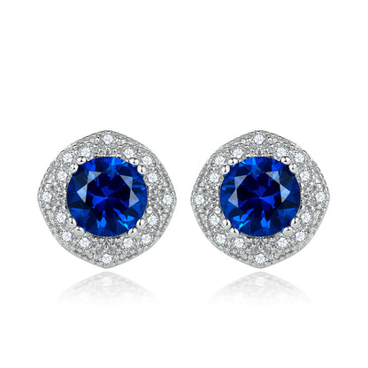 S925 Sterling Silver Jewelry Set European and American Style Ring Earrings Necklace Women's Blue Sapphire Round Zircon Jewelry Set