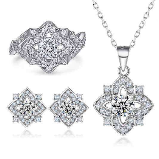 S925 sterling silver jewelry set, vintage ring, eight-pointed star earrings, niche zircon necklace, three-piece jewelry set