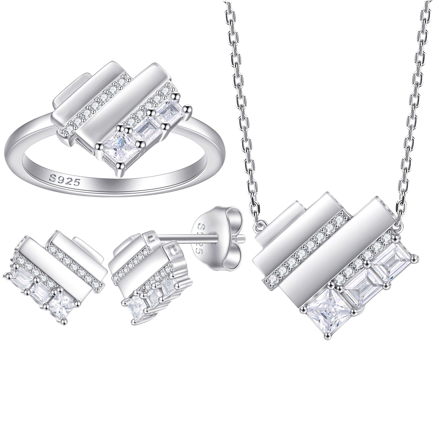 S925 sterling silver heart-shaped jewelry three-piece set for women: ring, stud earrings, necklace, heart set jewelry