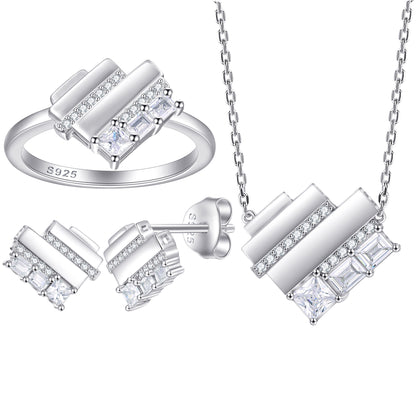 S925 sterling silver heart-shaped jewelry three-piece set for women: ring, stud earrings, necklace, heart set jewelry