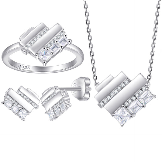 S925 sterling silver heart-shaped jewelry three-piece set for women: ring, stud earrings, necklace, heart set jewelry