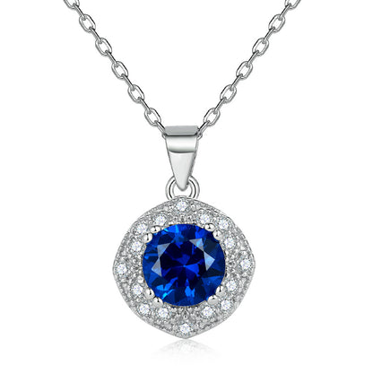 S925 Sterling Silver Jewelry Set European and American Style Ring Earrings Necklace Women's Blue Sapphire Round Zircon Jewelry Set