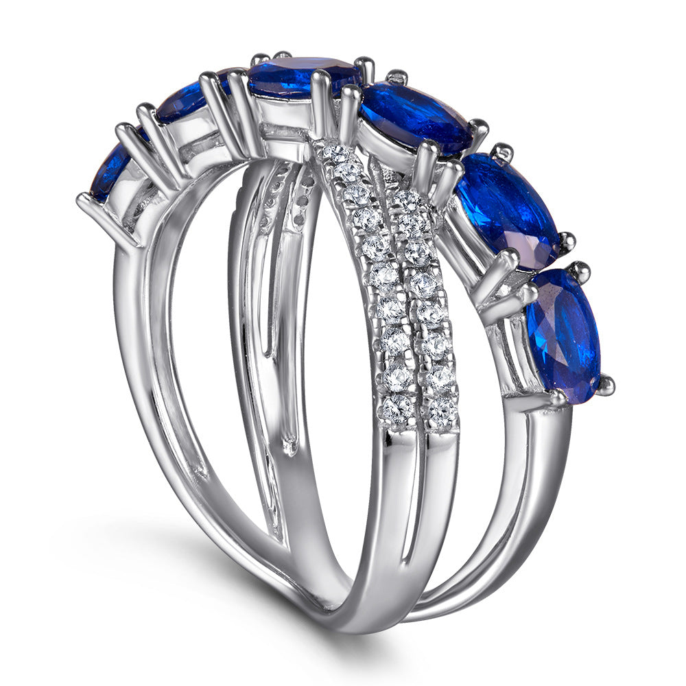 S925 silver new European and American style ring with blue gemstone, cross ring, S925 silver ring for women, designer niche cubic zirconia ring