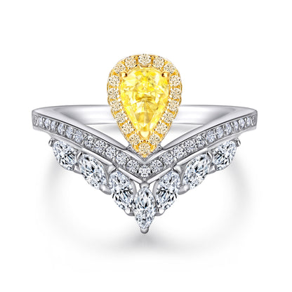 Crown Jewelry Set Water Drop-Shaped Yellow Zircon Ring Earrings Necklace Three-Piece Set S925 Sterling Silver Jewelry Set for Women
