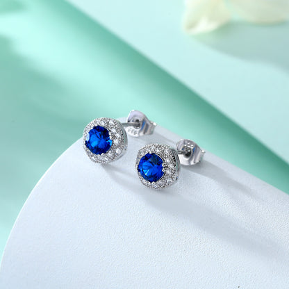 S925 sterling silver new European and American style stud earrings for women, fashionable creative round zircon earrings, simple micro-inlaid sapphire stud earrings in stock