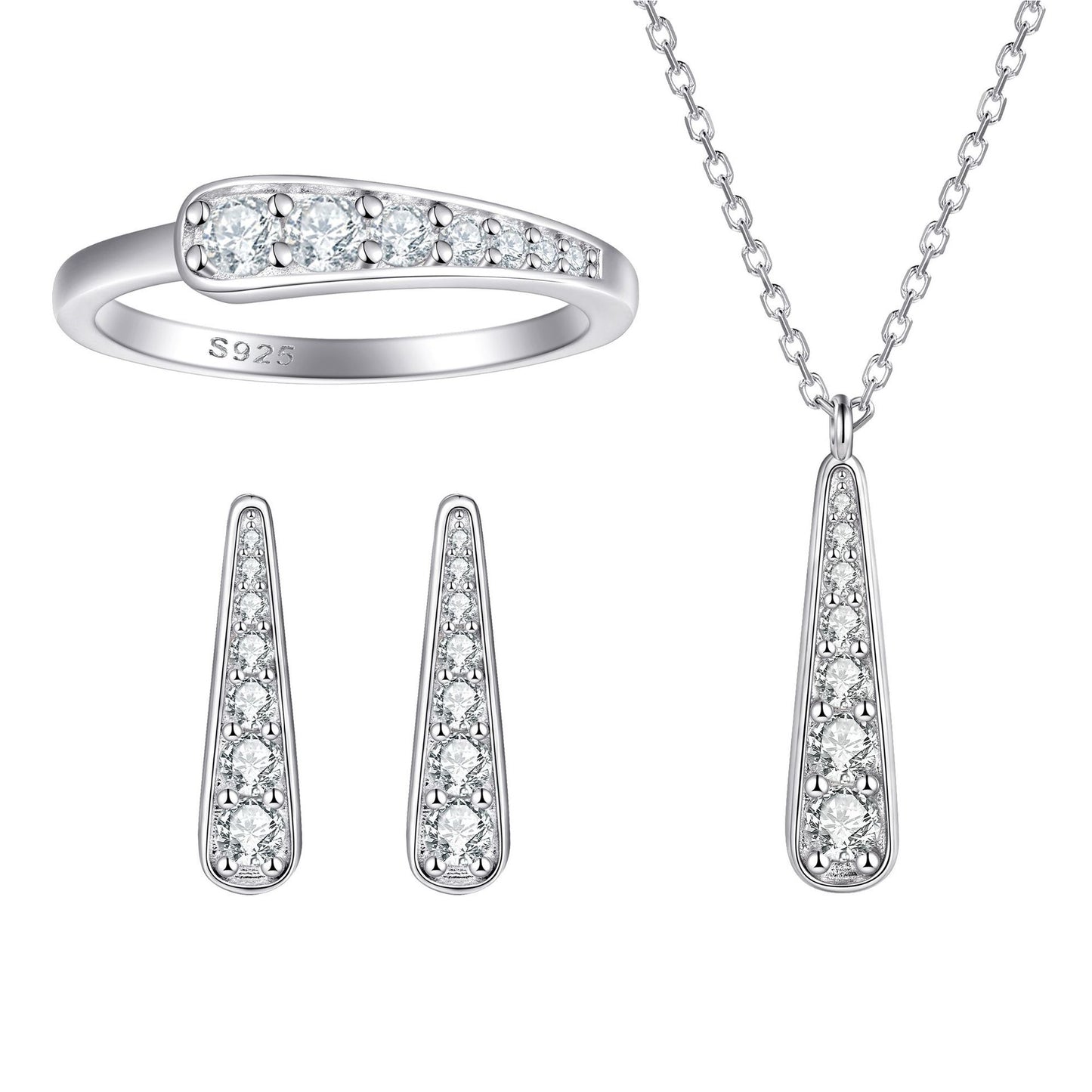 S925 Pure silver tassel stud earrings necklace earring jewelry set niche jewelry three-piece ring set