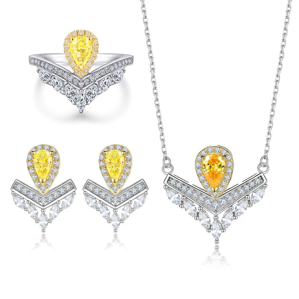 Crown Jewelry Set Water Drop-Shaped Yellow Zircon Ring Earrings Necklace Three-Piece Set S925 Sterling Silver Jewelry Set for Women