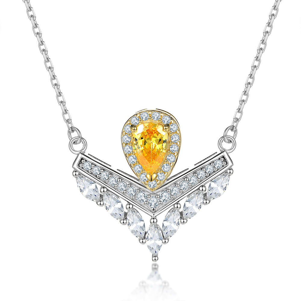 Crown Jewelry Set Water Drop-Shaped Yellow Zircon Ring Earrings Necklace Three-Piece Set S925 Sterling Silver Jewelry Set for Women