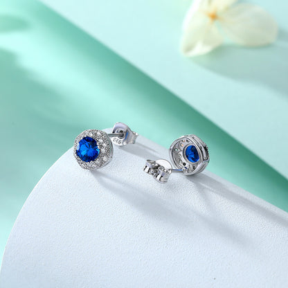 S925 sterling silver new European and American style stud earrings for women, fashionable creative round zircon earrings, simple micro-inlaid sapphire stud earrings in stock