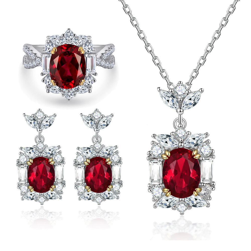 S925 Pure Silver Fashion Jewelry Set, Ring, Stud Earrings, Necklace Three-Piece Set, Oval Ruby Jewelry Set
