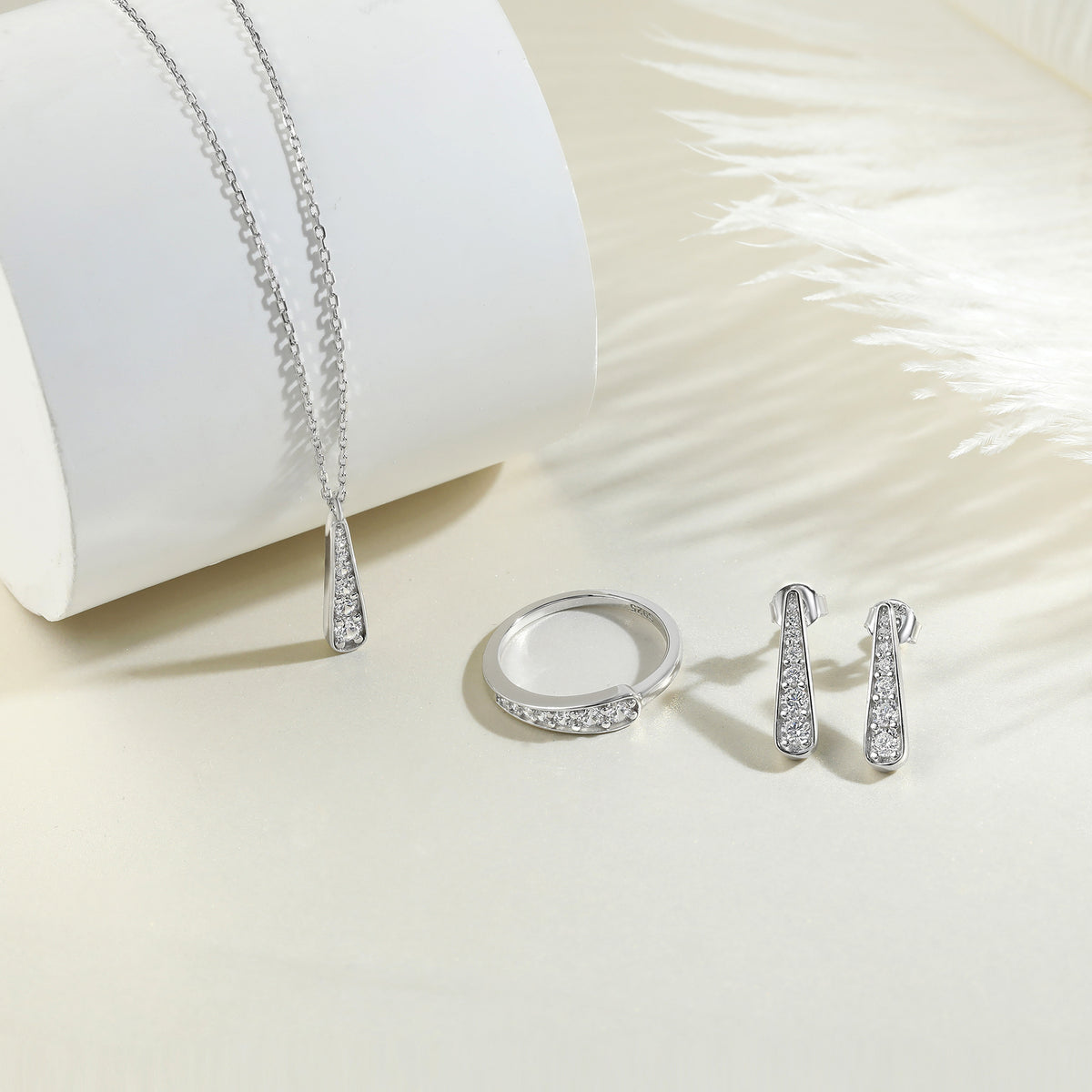 S925 Pure silver tassel stud earrings necklace earring jewelry set niche jewelry three-piece ring set