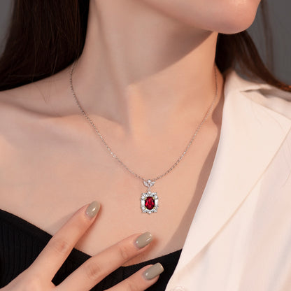 S925 Pure Silver Fashion Jewelry Set, Ring, Stud Earrings, Necklace Three-Piece Set, Oval Ruby Jewelry Set