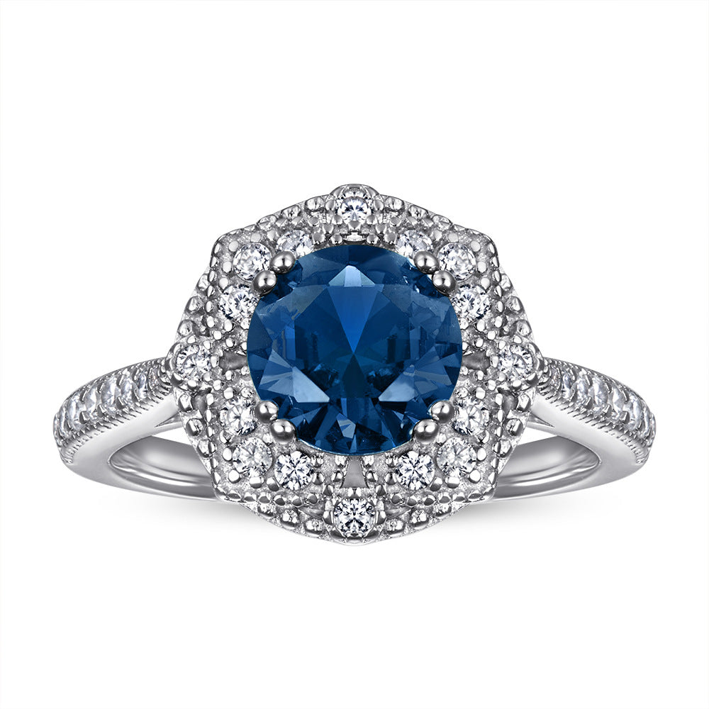 S925 Sterling Silver Jewelry Set European and American Style Ring Earrings Necklace Women's Blue Sapphire Round Zircon Jewelry Set