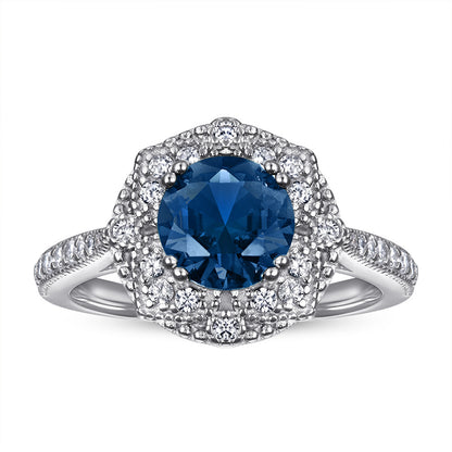 S925 Sterling Silver Jewelry Set European and American Style Ring Earrings Necklace Women's Blue Sapphire Round Zircon Jewelry Set