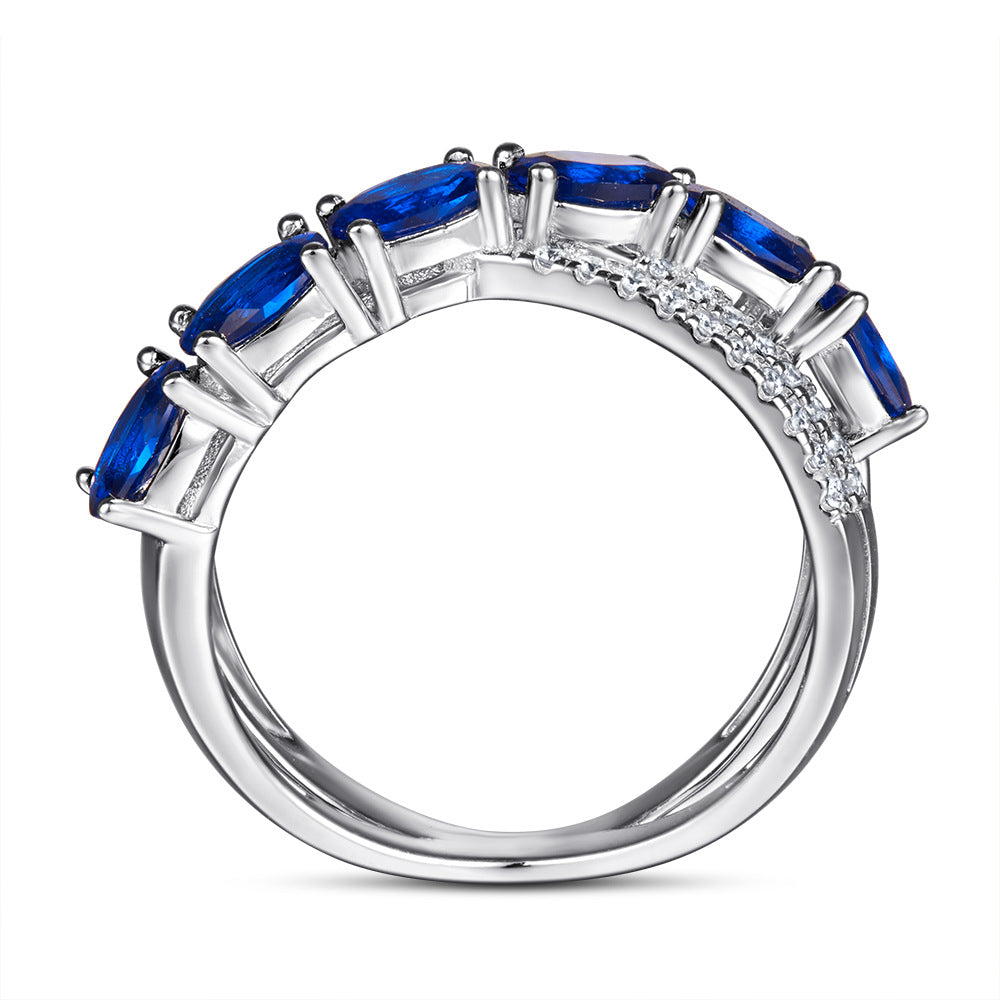 S925 silver new European and American style ring with blue gemstone, cross ring, S925 silver ring for women, designer niche cubic zirconia ring